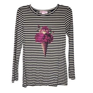 Hippe Beach Bum T Shirt Size Small Black White Stripe Top Long Sleeve Roses